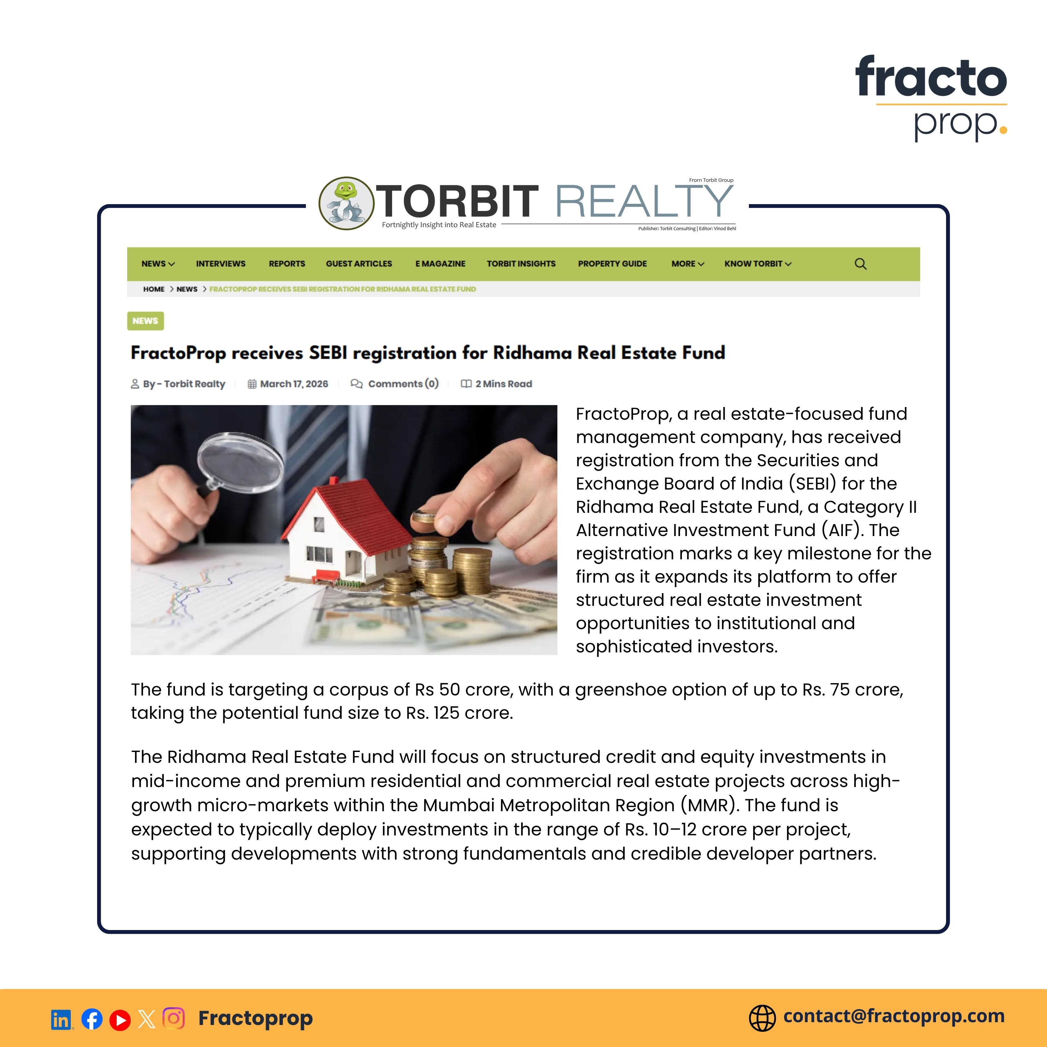 FractoProp receives SEBI registration for Ridhama Real Estate Fund - Realty & More